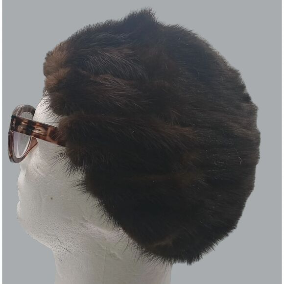Vintage Mink Fur Hat Made in USA MCM Real Fur Winter Pillbox Style, Brown - Picture 4 of 8